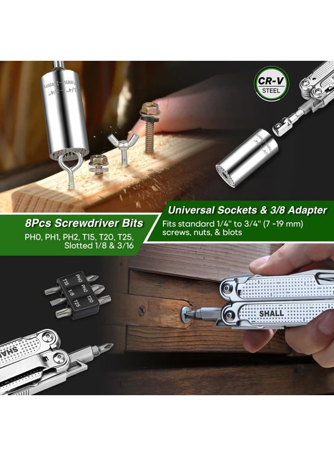 SHALL Multi Tool, 18-in-1 Multitool Pliers, Stainless Steel Multi-tool Pocket Knife w/Screwdriver Bit, Self-locking Multipurpose Tool w/Sheath for Camping Fishing Survival Hunting - Image 4