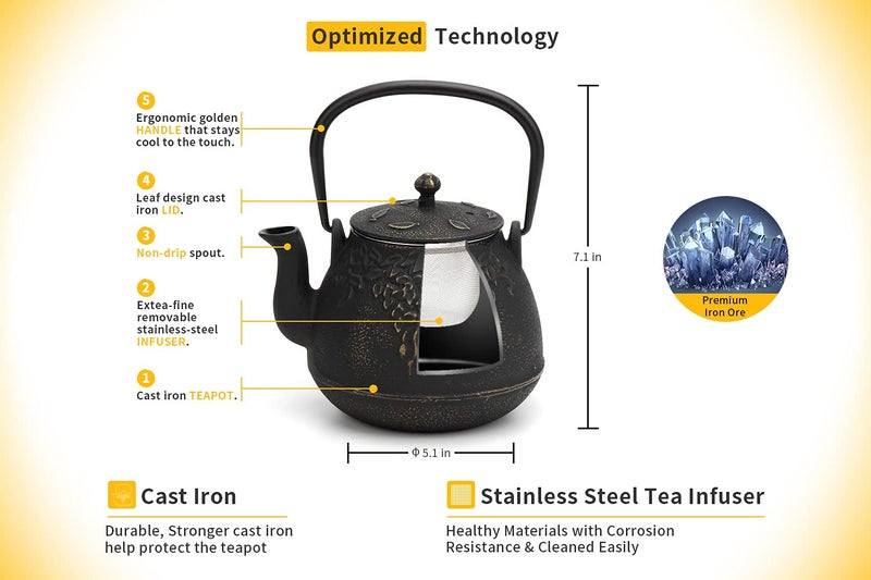 toptier Tea Kettle, TOPTIER Japanese Cast Iron Tea Pot for Stove Top, Cast Iron Teapot Humidifier for Wood Stove, Leaf Design Tea Kettle Coated with Enameled Interior for 32 Ounce (950 ml), Black - Image 3