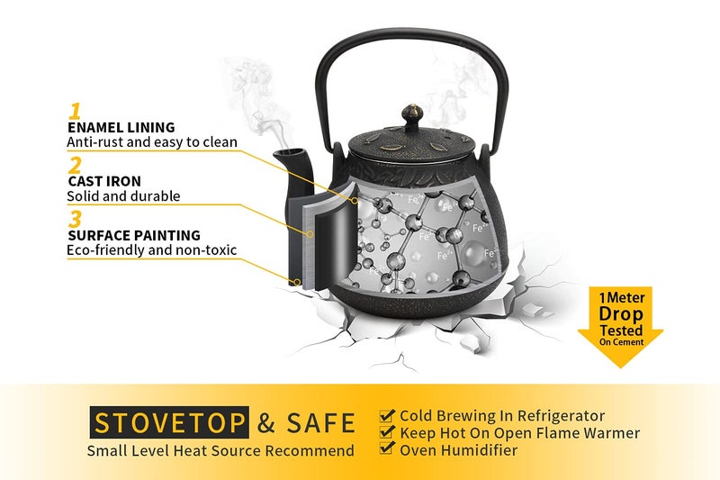 toptier Tea Kettle, TOPTIER Japanese Cast Iron Tea Pot for Stove Top, Cast Iron Teapot Humidifier for Wood Stove, Leaf Design Tea Kettle Coated with Enameled Interior for 32 Ounce (950 ml), Black - Image 4
