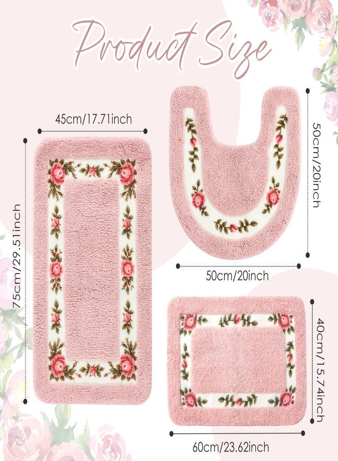 Drydiet 3 Pcs Rose Flowers Bathroom Rugs Set Coquette Room Decor Floral Carpet for Bathroom Bedroom Living Room, Floral Bath Mat Non Skid Romantic Rose Flower Area Rugs 3 Shapes(Pink,Small) - Image 2