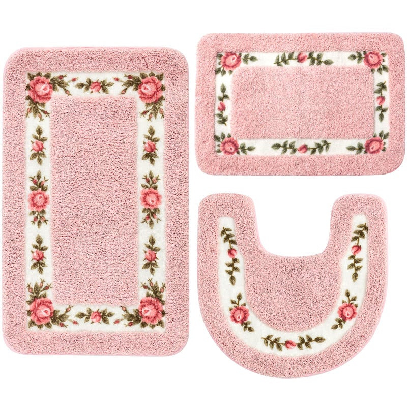 Drydiet 3 Pcs Rose Flowers Bathroom Rugs Set Coquette Room Decor Floral Carpet for Bathroom Bedroom Living Room, Floral Bath Mat Non Skid Romantic Rose Flower Area Rugs 3 Shapes(Pink,Small) - Image 1
