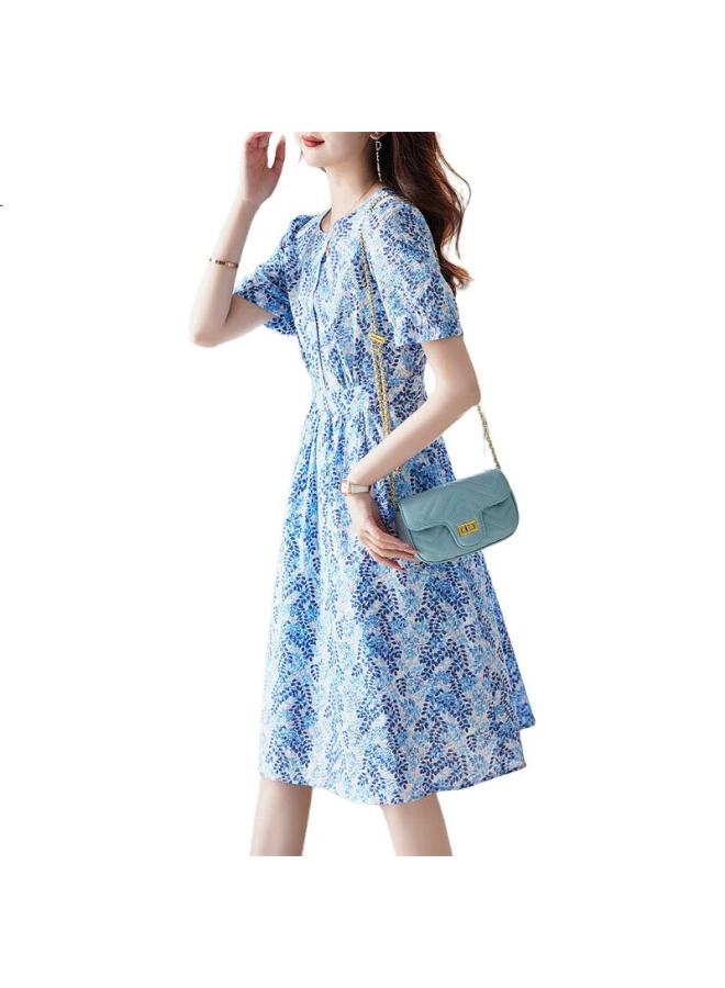 dme (Dme) "Monet Garden" Summer French Style Cloud Cotton Bubble Sleeve High Definition Printed Flesh-Hiding Comfortable A-Line Dress - Image 3