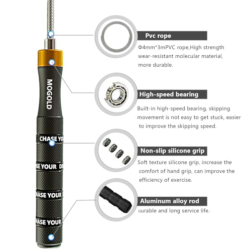 MOGOLD Pro Speed Jump Rope with Ball Bearings – Adjustable Steel Cable, Tangle-Free Design & Silicone Grips for Adults, Kids – Home Gym, Boxing, HIIT & Fitness Training - Image 3