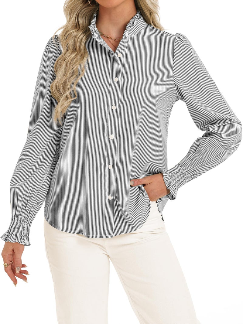 Funlingo Women's Striped Button Down Shirts Long Sleeve Smocked Cuffed Ruffle Collar Blouses 2026 Spring Work Business Casual Tops Black White 2XL - Image 1