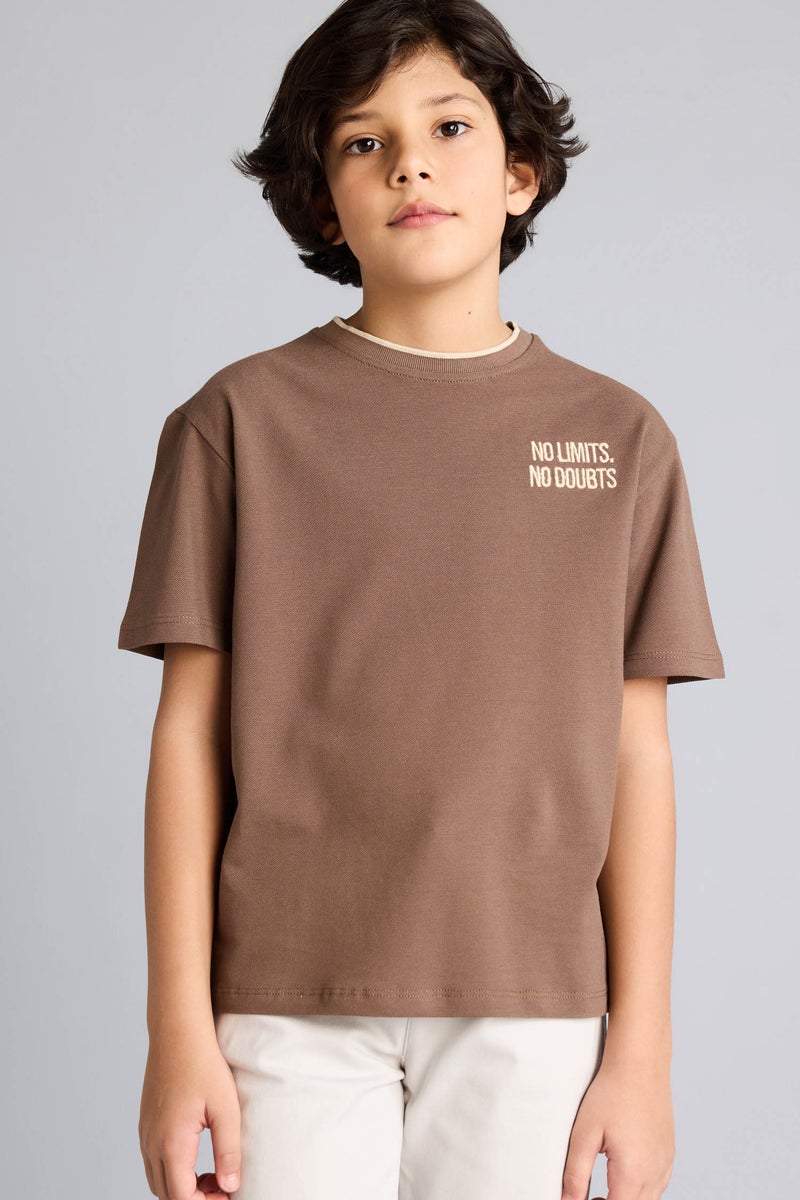 DeFacto Brown Boy Boy New Regular Fit Crew Neck Printed Pique T-Shirt Casual - Image 1