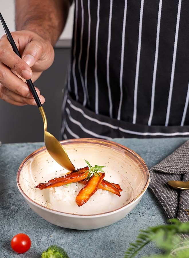 Royalford 6.4" Fine Stone Melamineware Serving Bowl RF12380 White Bowl with Elegant Brown Print, Non-Toxic and Hygienic Food-Grade Material, Dishwasher Safe Multicolor 6.4inch - Image 4