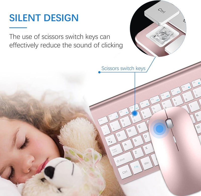 TopMate Wireless Keyboard and Mouse Ultra Slim Combo, 2.4G Silent Compact USB 2400DPI Mouse and Scissor Switch Keyboard Set with Cover, Batteries Included, for PC/Laptop/Windows/Mac - Rose Gold White - Image 2