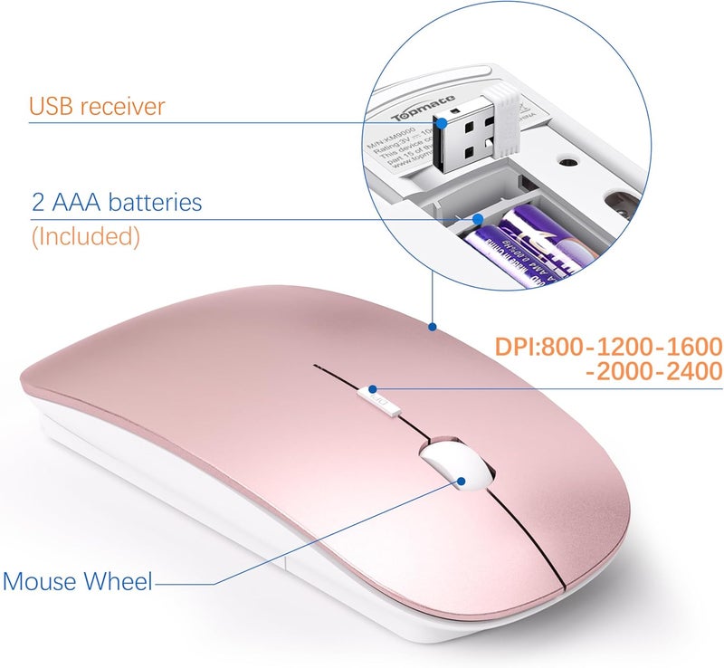TopMate Wireless Keyboard and Mouse Ultra Slim Combo, 2.4G Silent Compact USB 2400DPI Mouse and Scissor Switch Keyboard Set with Cover, Batteries Included, for PC/Laptop/Windows/Mac - Rose Gold White - Image 4