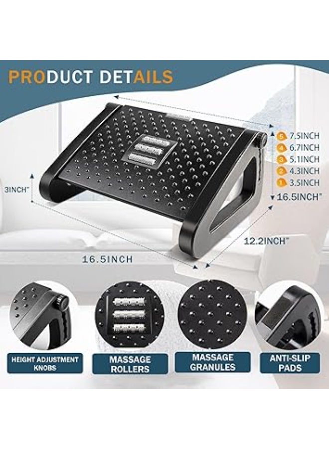 Adjustable Foot Rest with 6 Height Levels – Ergonomic Under-Desk Footrest for Pressure Relief and Better Posture – Features a Comfortable Massage Roller and Non-Slip Stable Legs for Perfect Support – Portable and Lightweight Design Ideal for Home or Office Use – Black Footrest Enhances Circulation and Reduces Leg and Back Fatigue During Long Sitting Sessions - Image 2