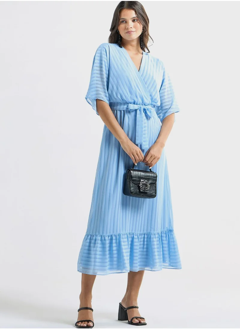 FAV Striped Midi A-Line Dress With Tie-Up Belt