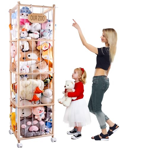 GRETJOB Extra Large Stuffed Animal Storage Organizer with Wheels Mesh Pockets 70x165x165 Inch Wooden Corner Toy Cage SpaceSaving Plush Zoo Holder for 220 Toys Nursery Playroom Bedroom - Image 1
