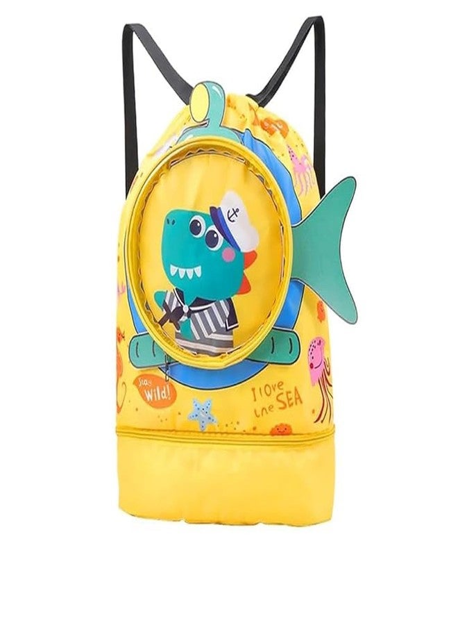 PALAY® Swimming Bag for Kids Cute Cartoon Shark Print Swimming Bag Waterproof Drawstring Backpack Dry Wet Separation Storage Bags Travel Sports Portable Beach Backpack - Yellow - Image 1