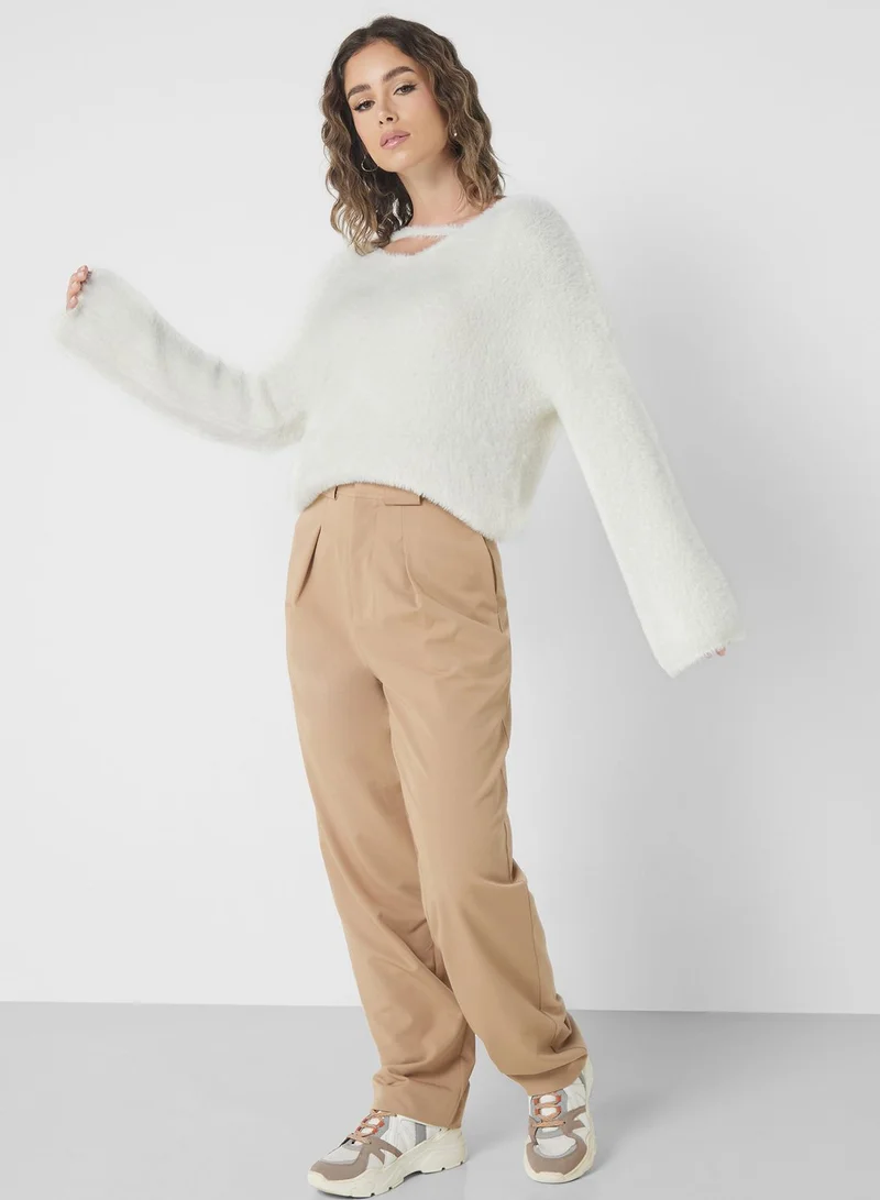 Ginger V-Neck Cutout Fluffy Sweater
