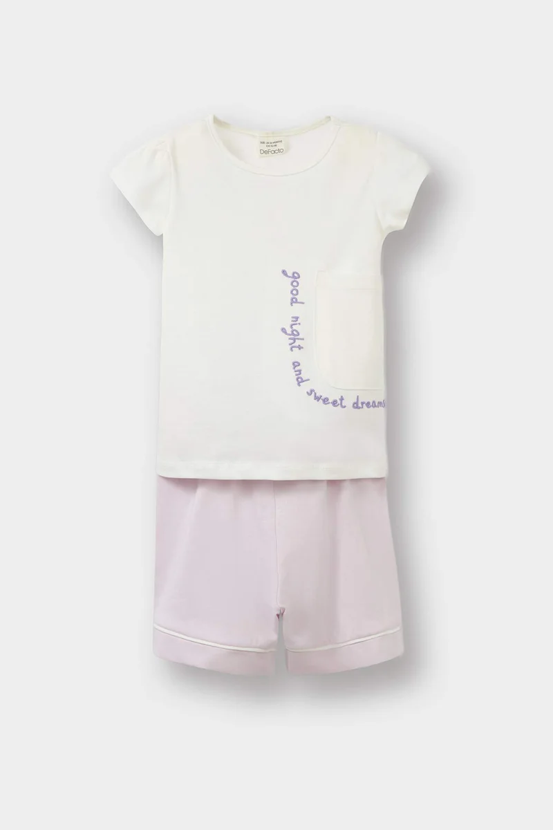 ديفاكتو Baby Girl Slogan Patterned Cotton 2 Piece Pyjamas Set