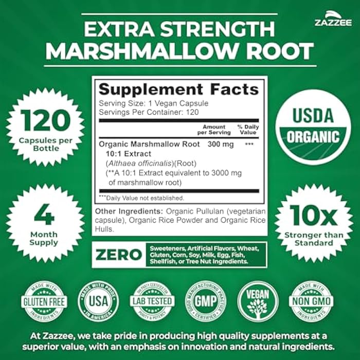 Zazzee USDA Organic Marshmallow Root 10:1 Extract, 120 Vegan Capsules, 4 Month Supply, Althaea Officinalis, Digestive, Throat & Mucosal Support, All-Natural, Non-GMO, Made in the USA - Image 3