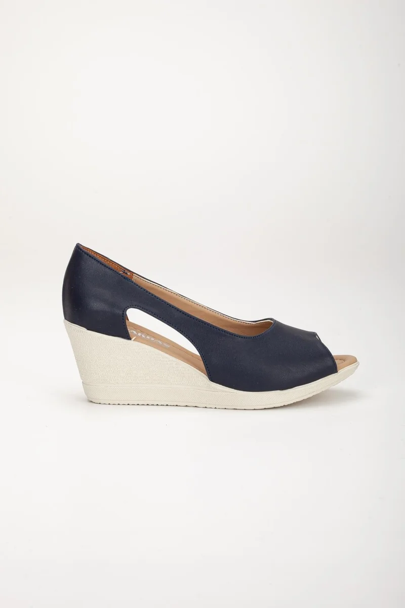 Dilimler Ayakkabı Slices Shoes Wedge Sole Open Toe Orthopedic Artificial Leather Navy Blue Women's Wedge Heel Shoes