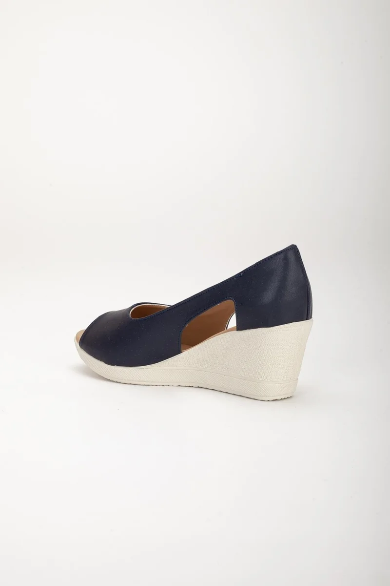 Dilimler Ayakkabı Slices Shoes Wedge Sole Open Toe Orthopedic Artificial Leather Navy Blue Women's Wedge Heel Shoes
