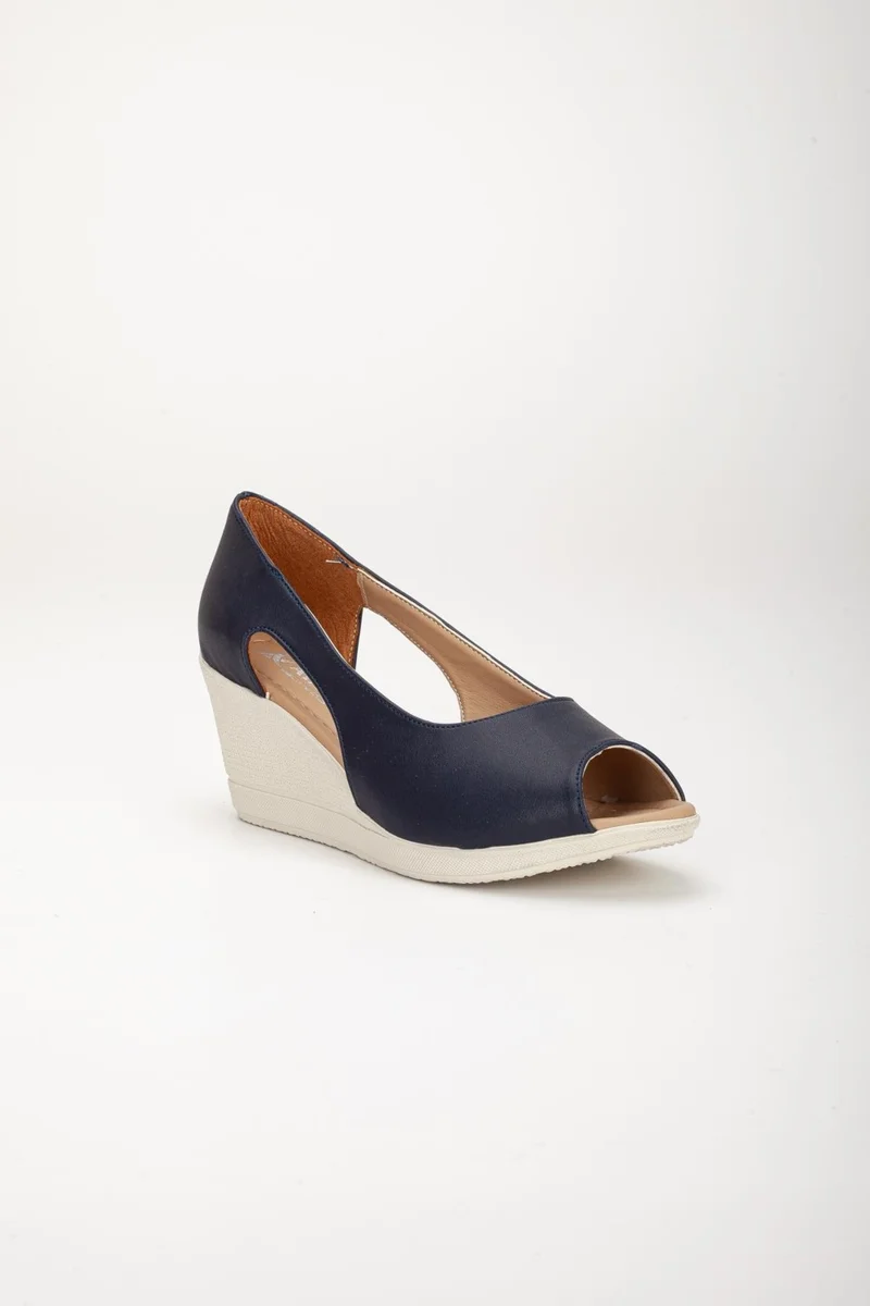 Dilimler Ayakkabı Slices Shoes Wedge Sole Open Toe Orthopedic Artificial Leather Navy Blue Women's Wedge Heel Shoes