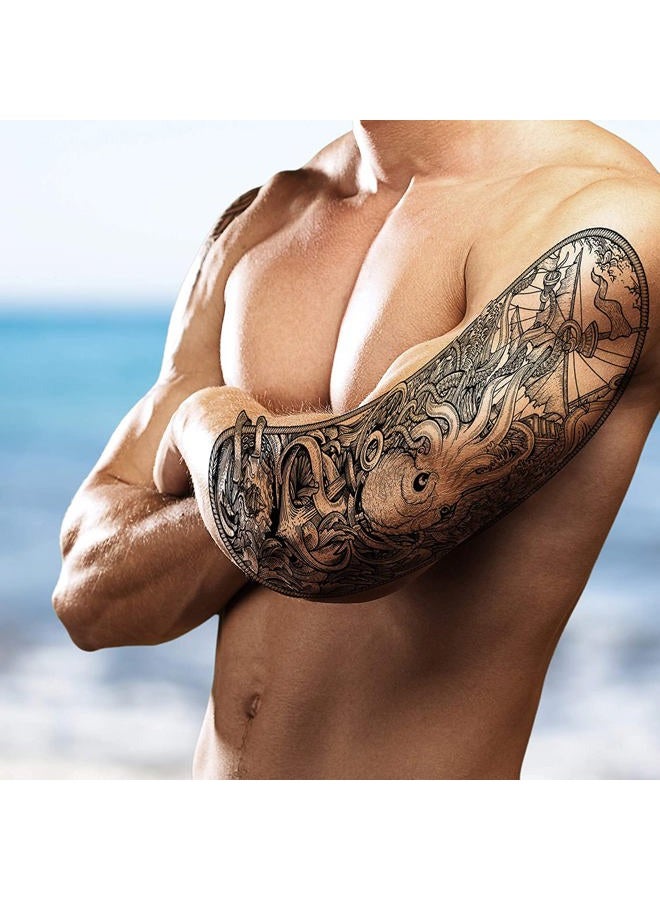 Tatodays 2 x Temporary tattoo full arm caribbean pirate kraken stick on body art transfer for women and men cosplay halloween adult temp tattoo for arms fancy dress - Image 3