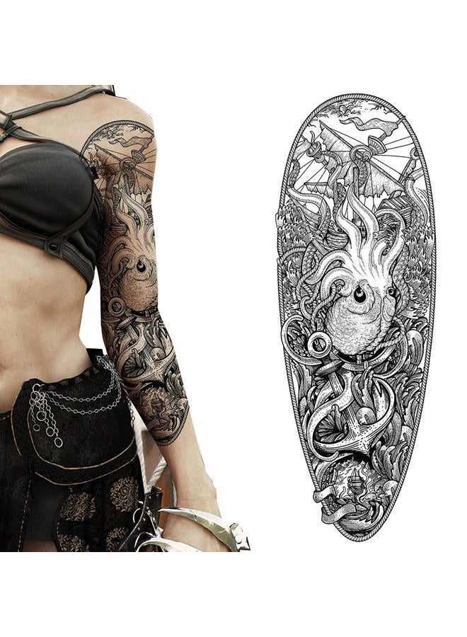 Tatodays 2 x Temporary tattoo full arm caribbean pirate kraken stick on body art transfer for women and men cosplay halloween adult temp tattoo for arms fancy dress - Image 2