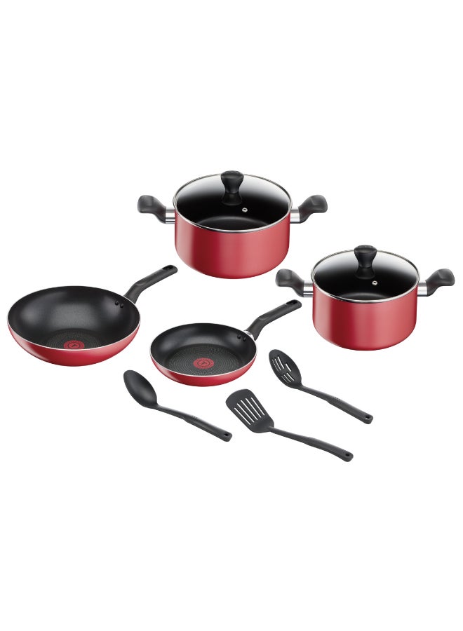 تيفال TEFAL طقم أواني طهي مكون من 9 قطع | سوبر كوك | مقلاة 24 سم/ قدور 22/24 سم/ مقلاة ووك 28 سم/ ملعقة/ ملعقة مشقوقة/ ملعقة مسطحة مشقوقة | غير لاصق | مؤشر حرارة Thermo Signal | ألومنيوم | أحمر | ضمان لمدة سنتين | B243S987 - Image 1