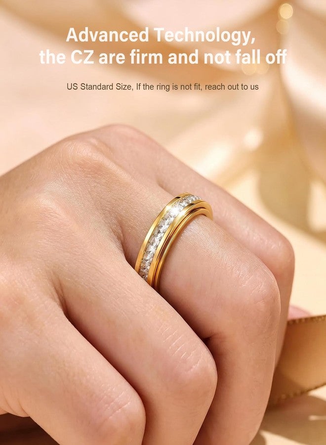 OreilleStar Fidget Toys CZ Ring Women - Anxiety Stress Relief for Adults Spinner Band Titanium Stainless Steel Jewelry for Wedding Birthday Gift with Full Cubic Zirconia Gold Plated Silver Size 6-10 (Gold, 9) - Image 5