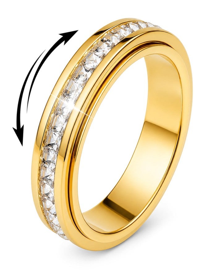 OreilleStar Fidget Toys CZ Ring Women - Anxiety Stress Relief for Adults Spinner Band Titanium Stainless Steel Jewelry for Wedding Birthday Gift with Full Cubic Zirconia Gold Plated Silver Size 6-10 (Gold, 9) - Image 1