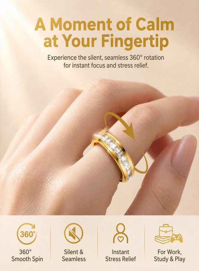 OreilleStar Fidget Toys CZ Ring Women - Anxiety Stress Relief for Adults Spinner Band Titanium Stainless Steel Jewelry for Wedding Birthday Gift with Full Cubic Zirconia Gold Plated Silver Size 6-10 (Gold, 9) - Image 4