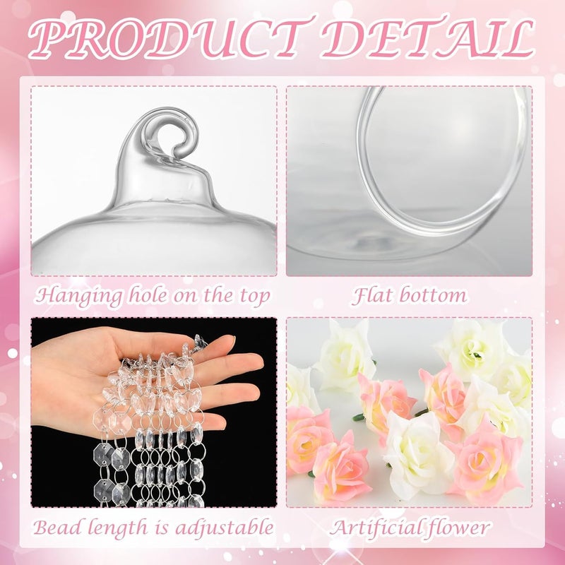 Yoande 12 Sets Hanging Candle Holder Wedding Glass Globe with Acrylic Gems Bead Garland Hanging Tea Light Candle Holder Orbs Container for Flower Plant Micro Landscape DIY Party Tree Decor 2.36 Inch - Image 3
