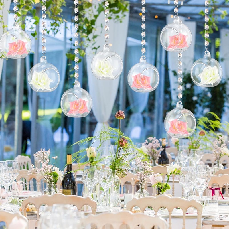 Yoande 12 Sets Hanging Candle Holder Wedding Glass Globe with Acrylic Gems Bead Garland Hanging Tea Light Candle Holder Orbs Container for Flower Plant Micro Landscape DIY Party Tree Decor 2.36 Inch - Image 5