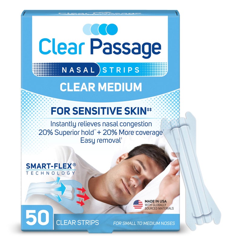 Clear Passage شرائط أنف كلير باسباج متوسطة، شفافة، 50 قطعة | تعمل على تحسين النوم، تقليل الشخير، وتخفيف احتقان الأنف بسبب الزكام والحساسية - Image 1