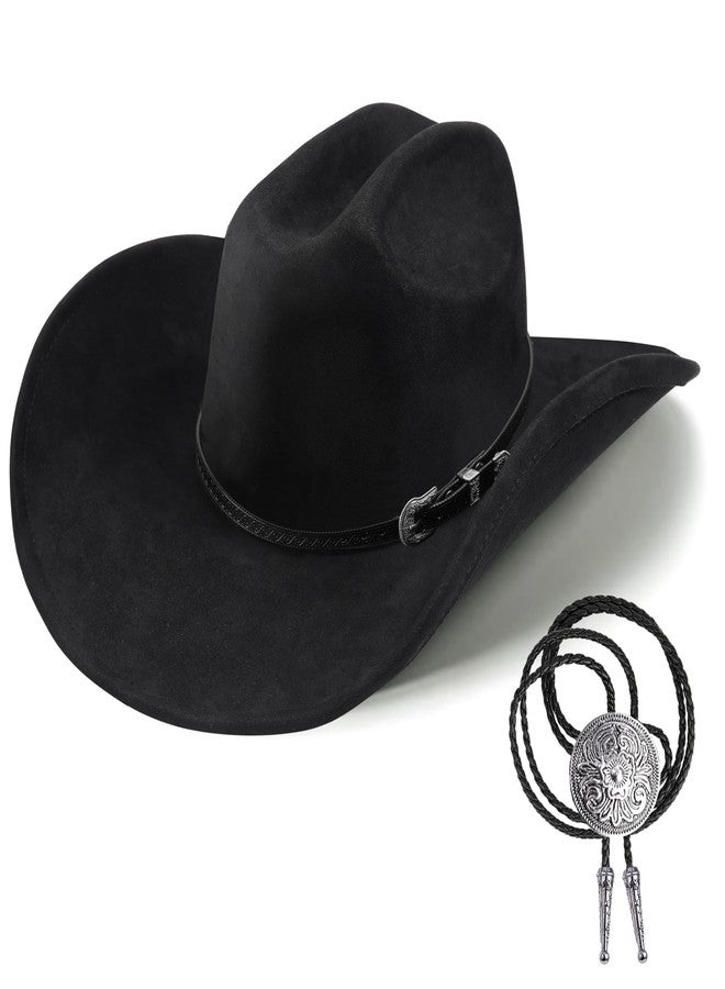 Foeran Western Cowboy Hat for Men Women,Shapeable Wide Brim Felt Fedora Classic Cowgirl Hats for Cowboys and Cowgirls,with bolo tie(US, Alpha, Large, X-Large, Black-A) - Image 1
