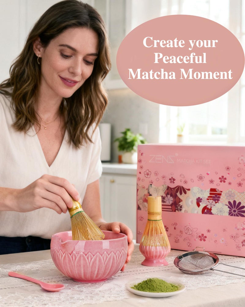 ZENS Matcha Whisk Set, 6pcs Matcha Kit Set with Matcha Bowl, Bamboo Whisk & Scoop, Chasen Holder, 304 Stainless Steel Sifter & Tea Mat, Japanesse Matcha Kit for Matcha Latte-Making Pink - Image 5