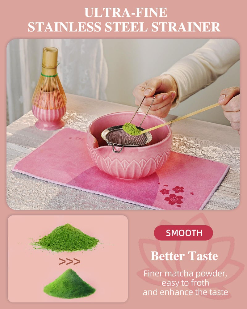 ZENS Matcha Whisk Set, 6pcs Matcha Kit Set with Matcha Bowl, Bamboo Whisk & Scoop, Chasen Holder, 304 Stainless Steel Sifter & Tea Mat, Japanesse Matcha Kit for Matcha Latte-Making Pink - Image 3