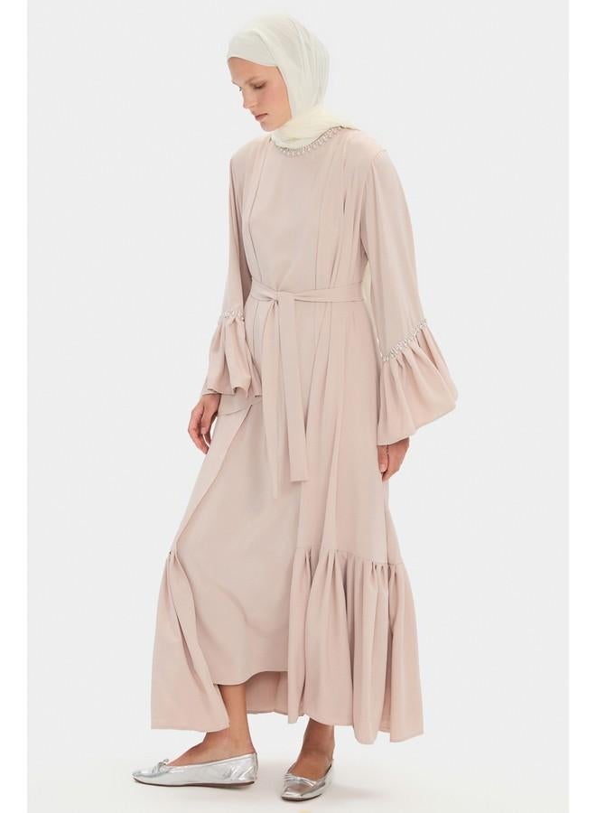 جون عباية نسائية مزينة بالكريستال بلون بيج فاتح - Image 2