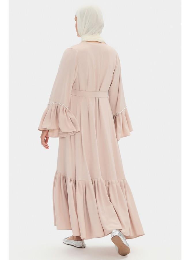 جون عباية نسائية مزينة بالكريستال بلون بيج فاتح - Image 4