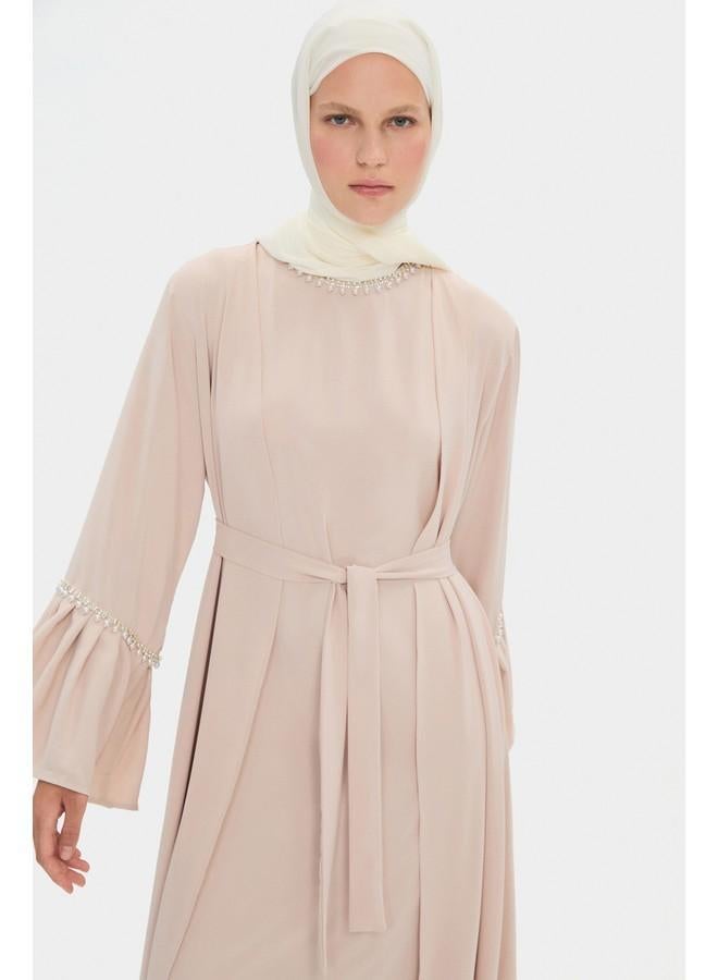 جون عباية نسائية مزينة بالكريستال بلون بيج فاتح - Image 3