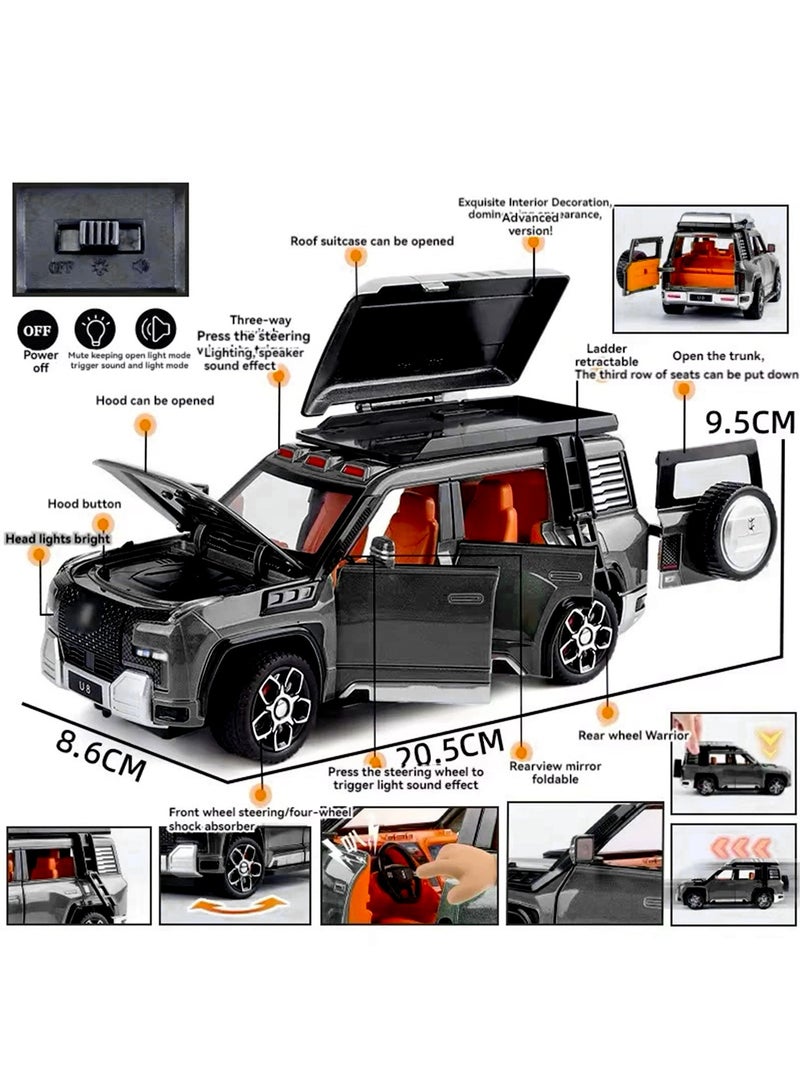 LB 1:24 Scale Die-Cast U8 Off-Road SUV Model Car – Alloy Simulation Vehicle with Sound, Light, and Pull-Back Action – Metal Toy Car with Opening Doors, Hood & Trunk – For Kids & Collectors  - Image 4