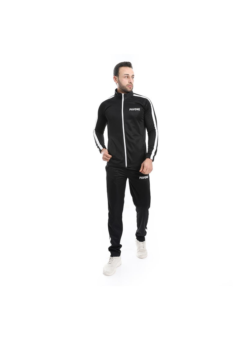 Pavone Slash Pockets Long Sleeves Plain Tracksuit - Black - Image 1