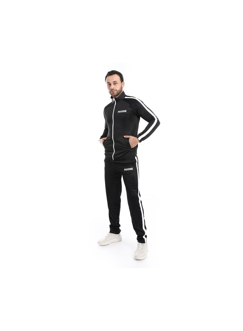 Pavone Slash Pockets Long Sleeves Plain Tracksuit - Black - Image 2
