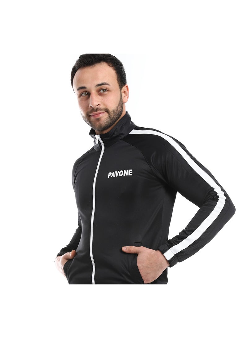 Pavone Slash Pockets Long Sleeves Plain Tracksuit - Black - Image 5