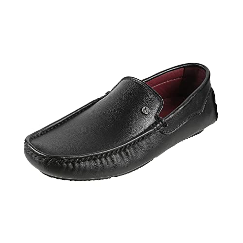 Metro Men's Black Faux Leather Loafers | Flat Slip-On Casual Footwear | Lightweight | Burnished Design | Casual, Office/Business, Professional, Comfortable, Stylish, Everyday Fashion Wear | UK 9 - Image 1