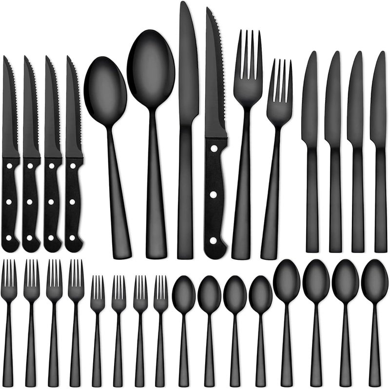 CEKEE 24 Piece Silverware Set for 4 With Steak Knives, Stainless Steel Black Flatware, Utensils, Tableware Cutlery for Home & Kitchen, Hand Wash Recommended - Image 1