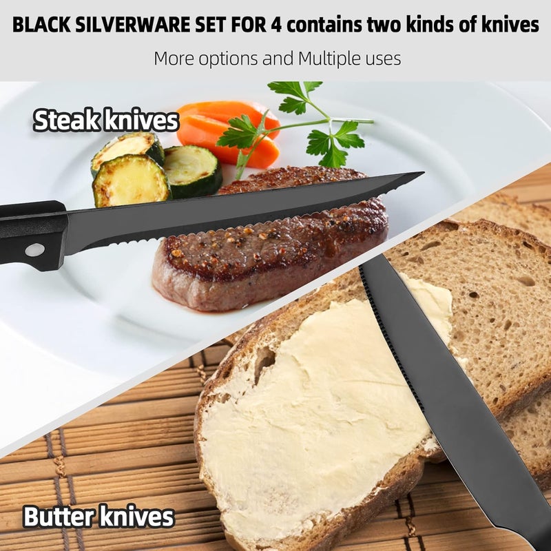 CEKEE 24 Piece Silverware Set for 4 With Steak Knives, Stainless Steel Black Flatware, Utensils, Tableware Cutlery for Home & Kitchen, Hand Wash Recommended - Image 3