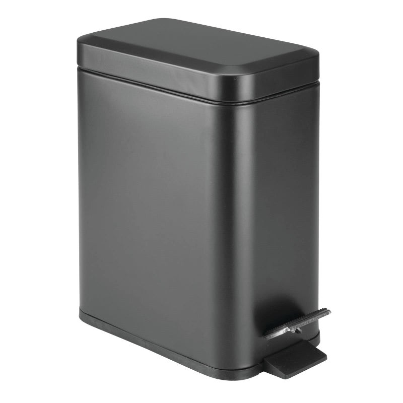 mDesign Small Modern 13 Gallon Rectangle Metal Lidded Step Trash Can Compact Garbage Bin with Removable Liner Bucket and Handle for Bathroom Kitchen Craft Room Office Garage Black - Image 2