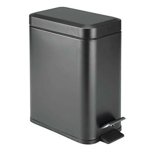 mDesign Small Modern 13 Gallon Rectangle Metal Lidded Step Trash Can Compact Garbage Bin with Removable Liner Bucket and Handle for Bathroom Kitchen Craft Room Office Garage Black - Image 1