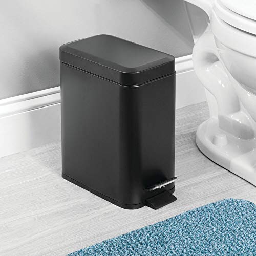 mDesign Small Modern 13 Gallon Rectangle Metal Lidded Step Trash Can Compact Garbage Bin with Removable Liner Bucket and Handle for Bathroom Kitchen Craft Room Office Garage Black - Image 3