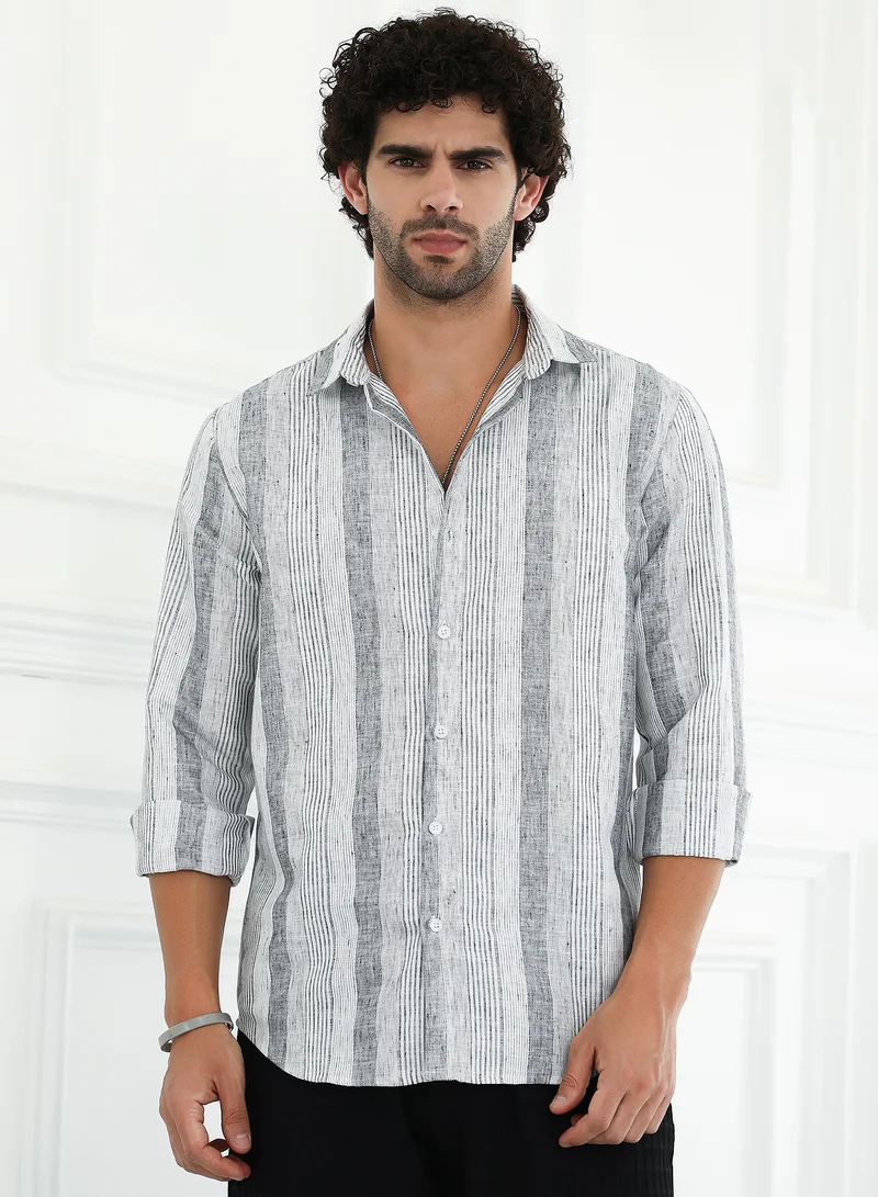 كامبوس سوترا قميص رجالي رمادي مخطط بأزرار وياقة واسعة