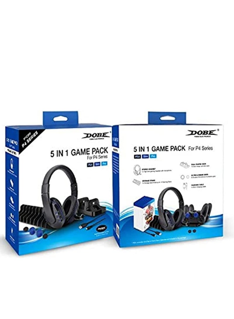 Dobe 5 in 1 Game Pack with Dual Charging Dock/Charging Cable/Headset with Mic/Game Disc Storage Stand/Silicon Cap for PS4/PS4 Slim/PS4 Pro 