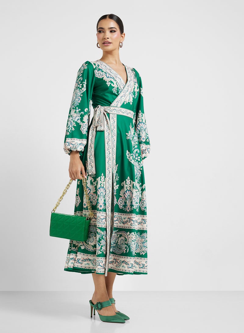 Khizana Printed Satin Wrap Dress - Image 1